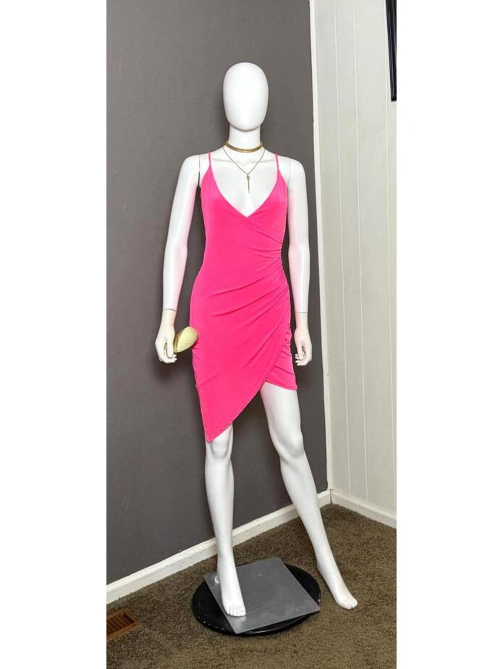 Y2K Neon Pink Asymmetrical Mini-Dress Jersey Bodycon size M/L